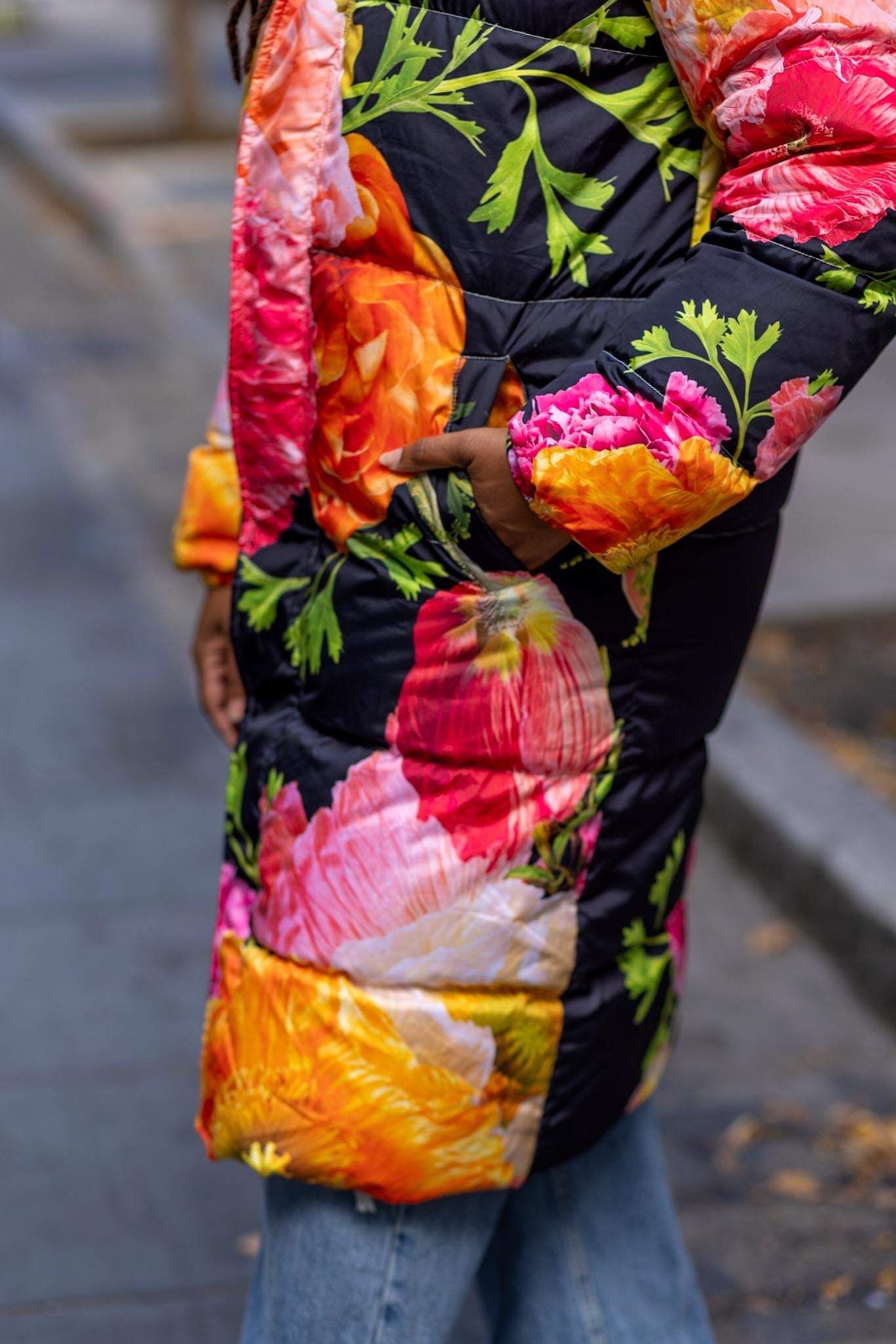 Black puffer coat with colorful florals, floral printed puffer coat, Dressed in Joy