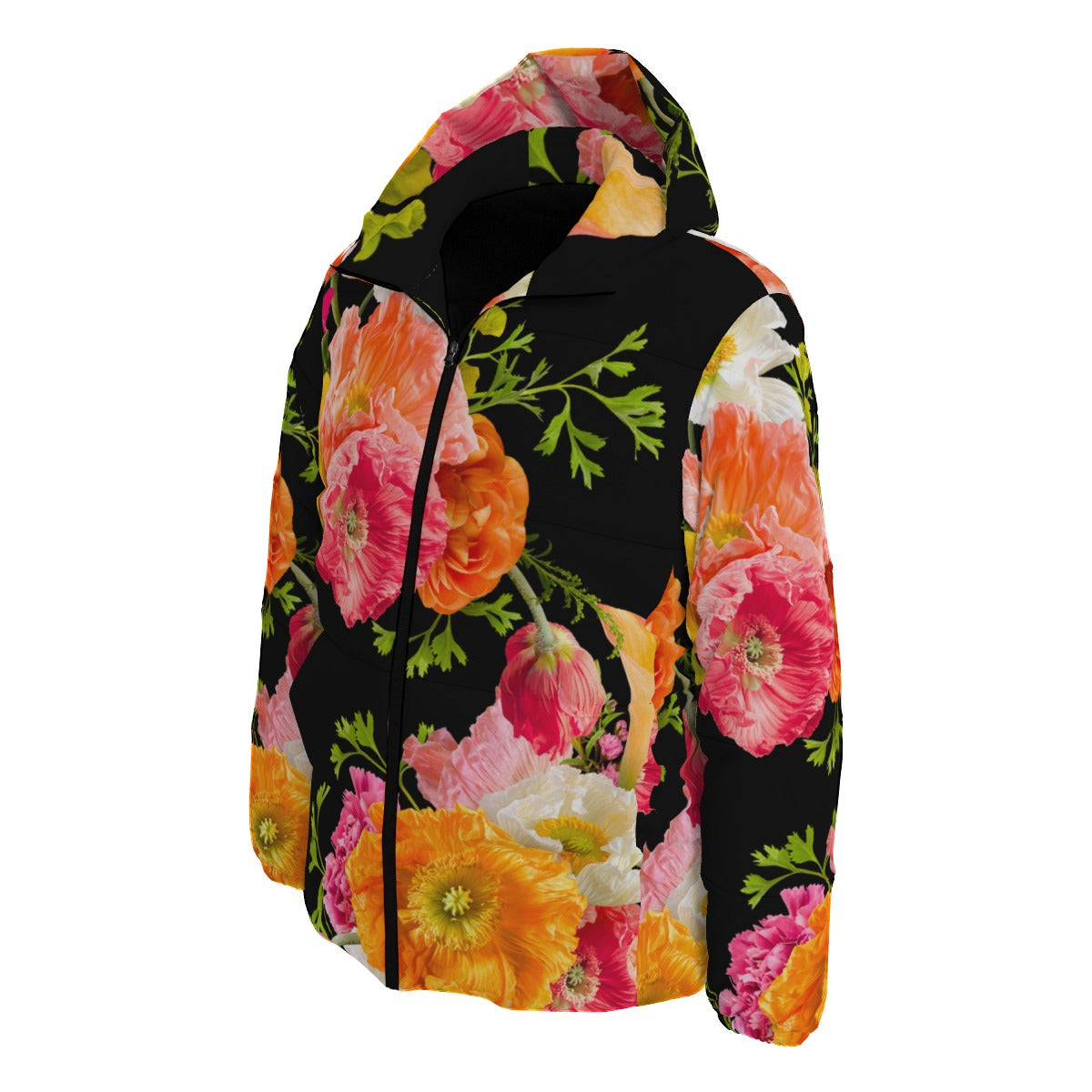 Floral-patterned puffer coat with colorful flowers on a black background