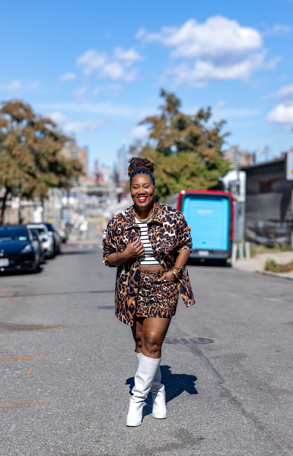 Denim Mini Skirt - Denim Mini-Leopard in Stretch Organic Classic Cotton Twill