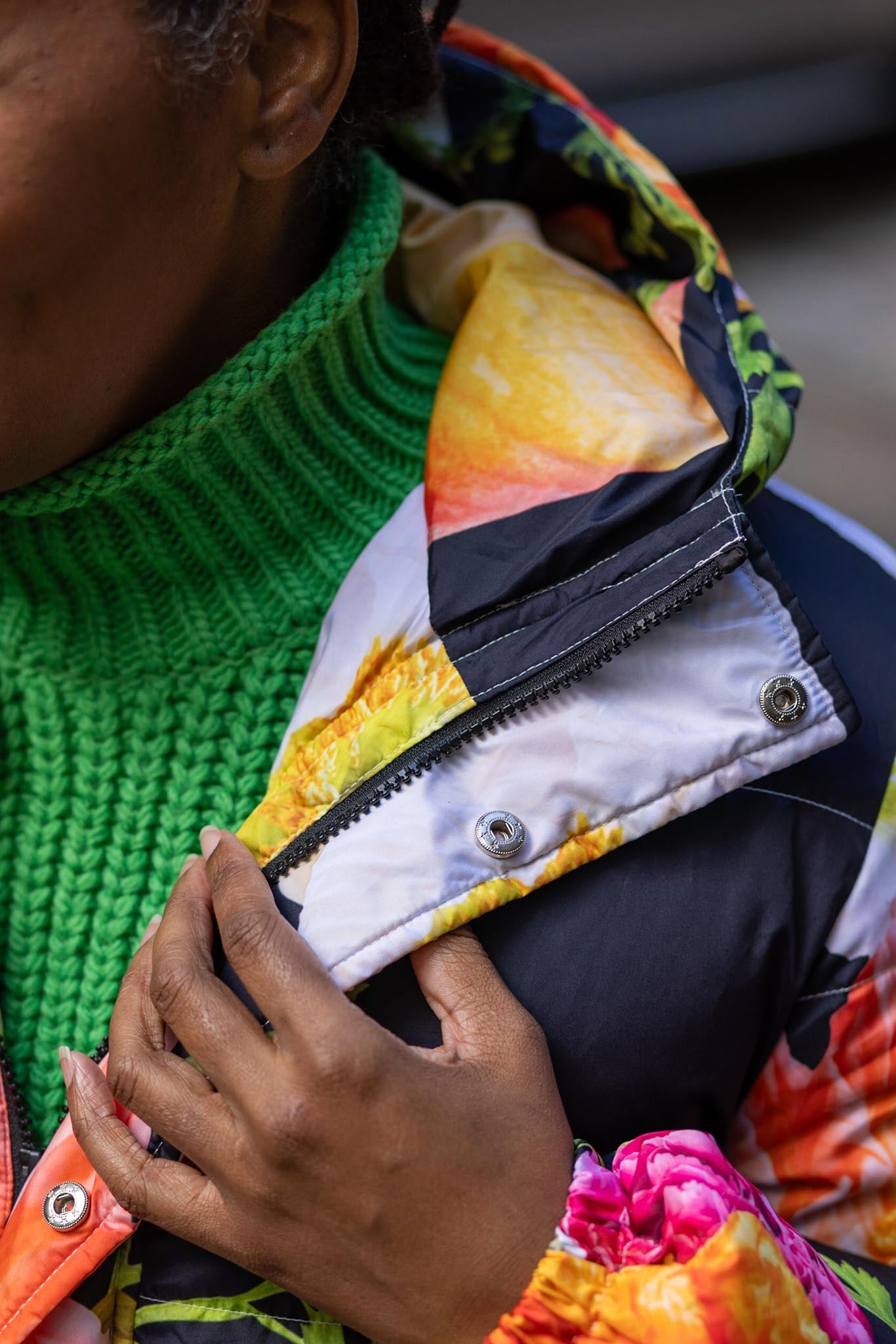 Black puffer coat with colorful florals, floral printed puffer coat, Dressed in Joy