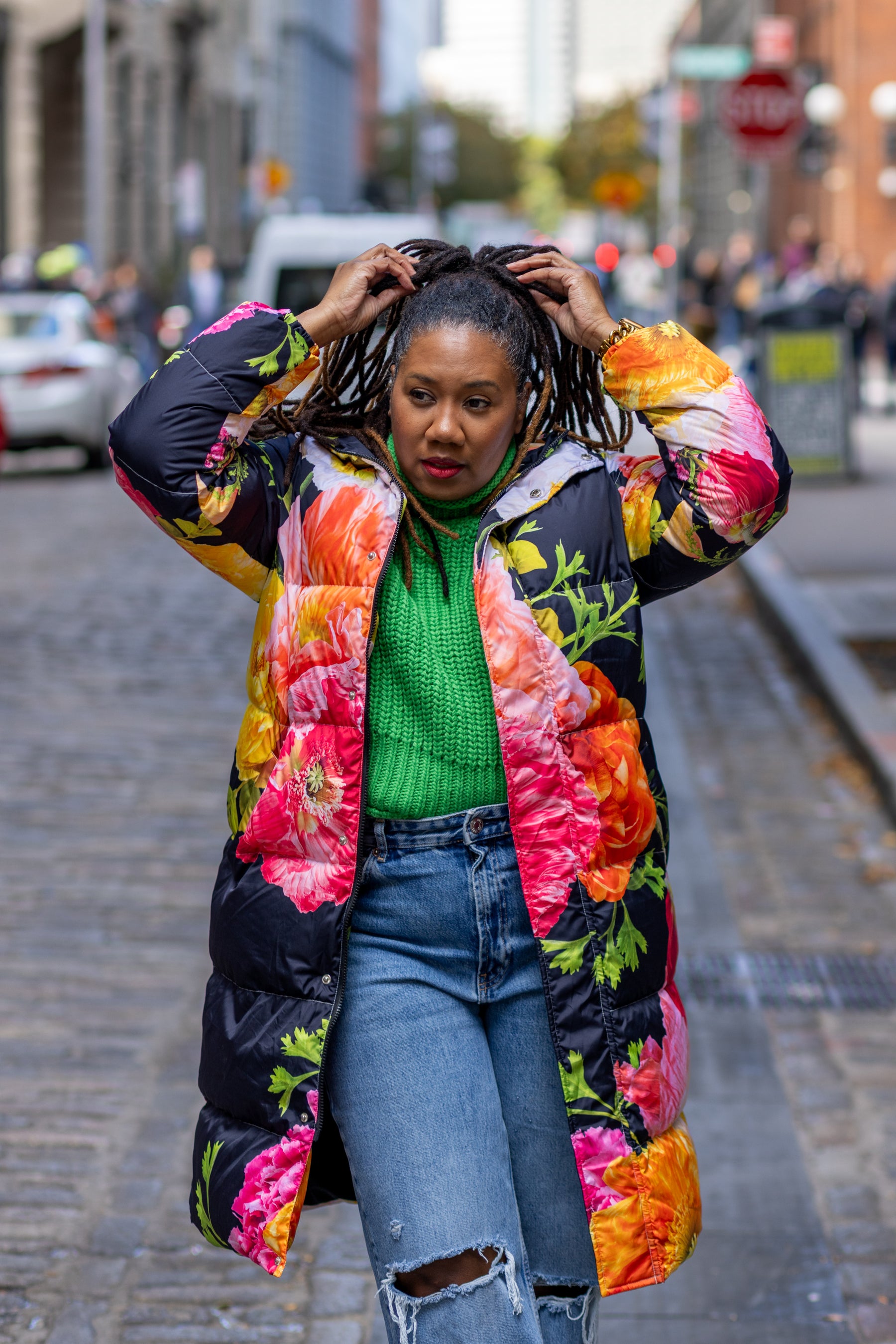 Black puffer coat with colorful florals, floral printed puffer coat, Dressed in Joy
