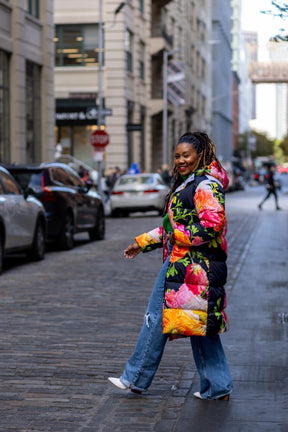 Black puffer coat with colorful florals, floral printed puffer coat, Dressed in Joy