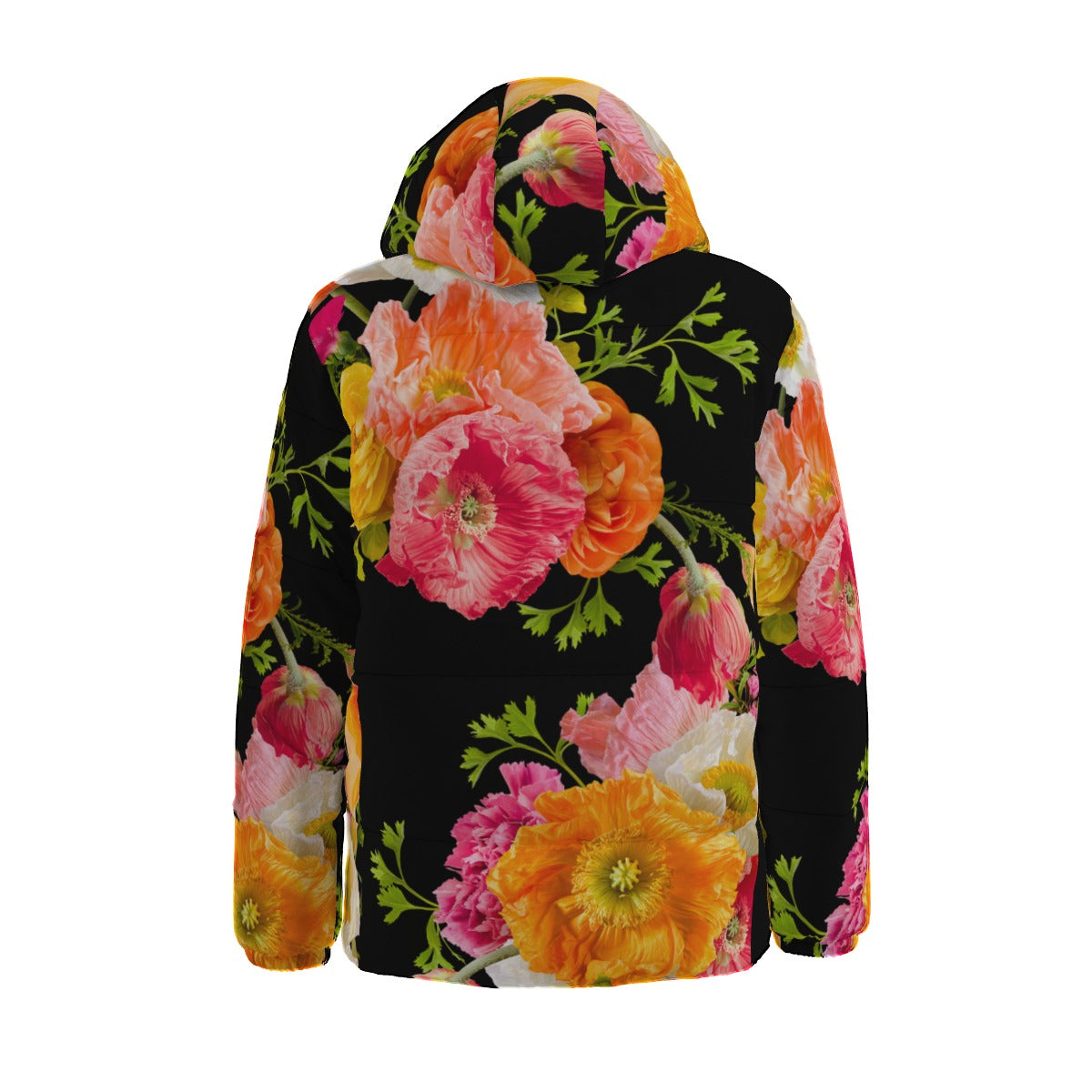 Floral puffer coat with pink, orange, and yellow flowers on a black background