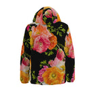 Floral puffer coat with pink, orange, and yellow flowers on a black background