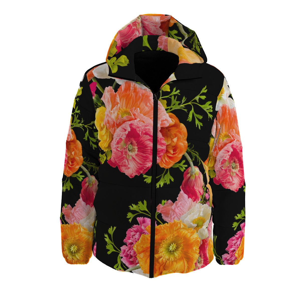 Floral-patterned puffer coat with colorful flowers on a black background