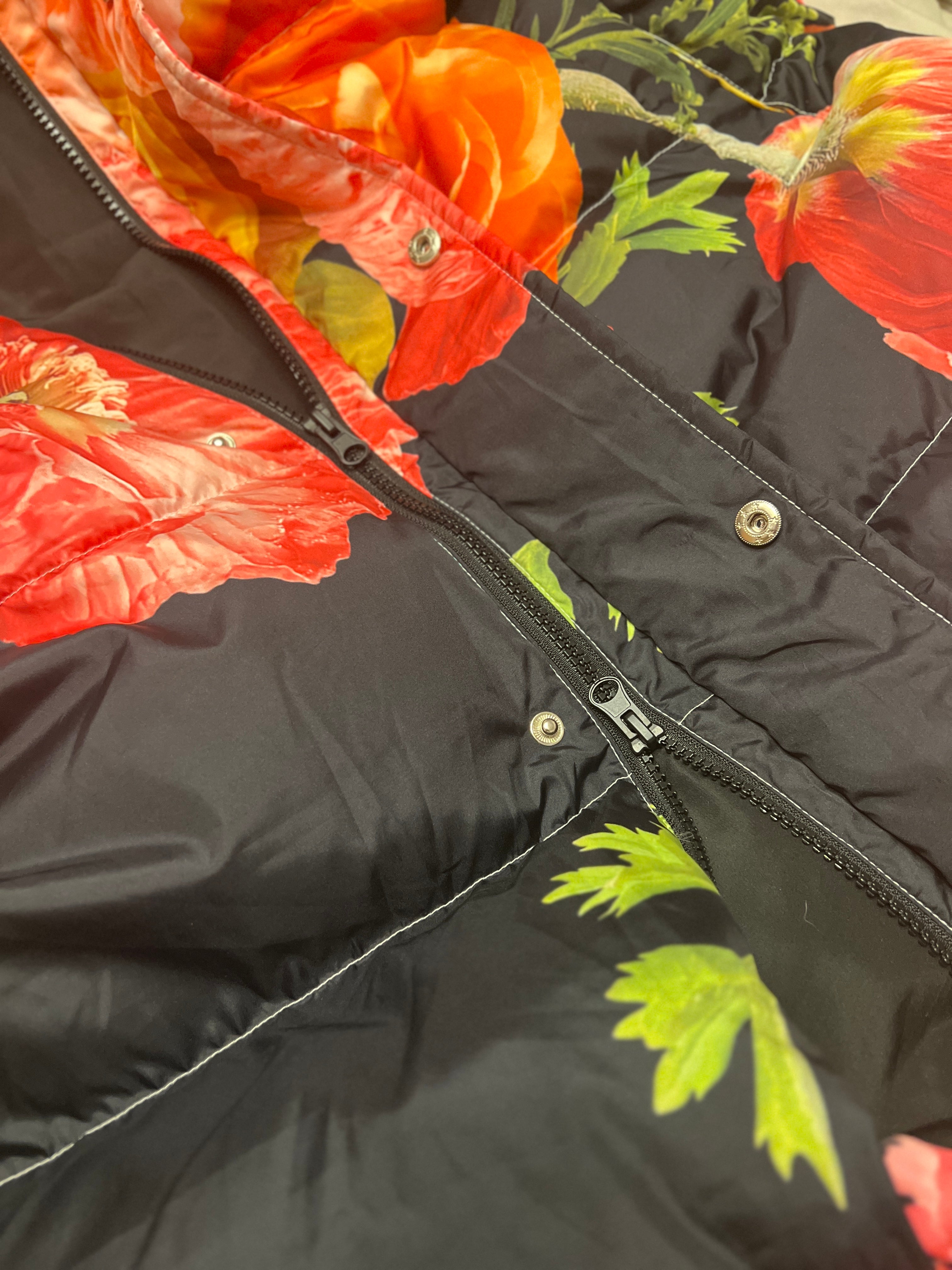 Black puffer coat with colorful florals, floral printed puffer coat, Dressed in Joy , double zipper
