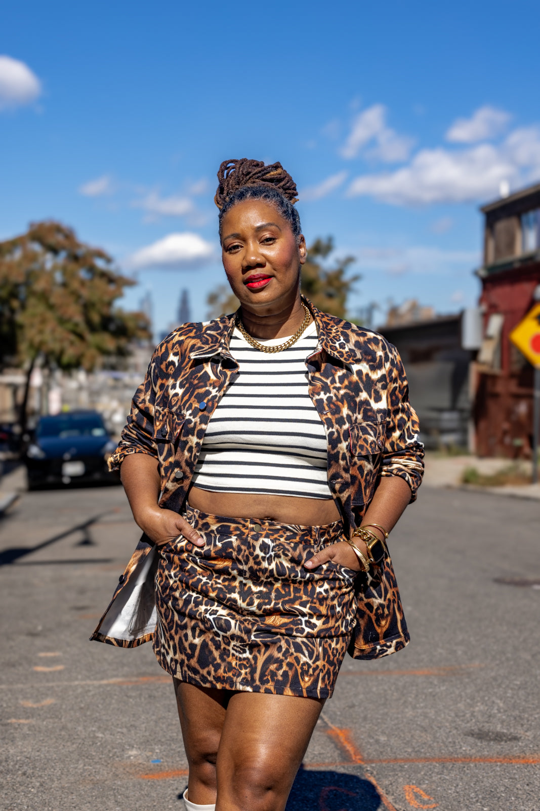 Denim Mini Skirt - Denim Mini-Leopard in Stretch Organic Classic Cotton Twill