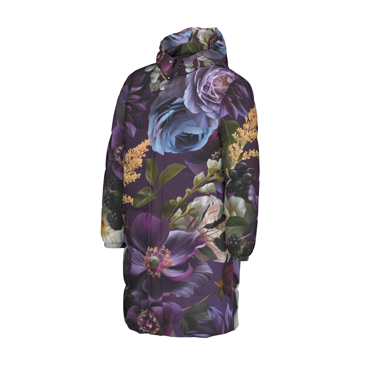 Bold, purple floral long puffer coat with hood