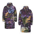 Bold, purple floral long puffer coat with hood