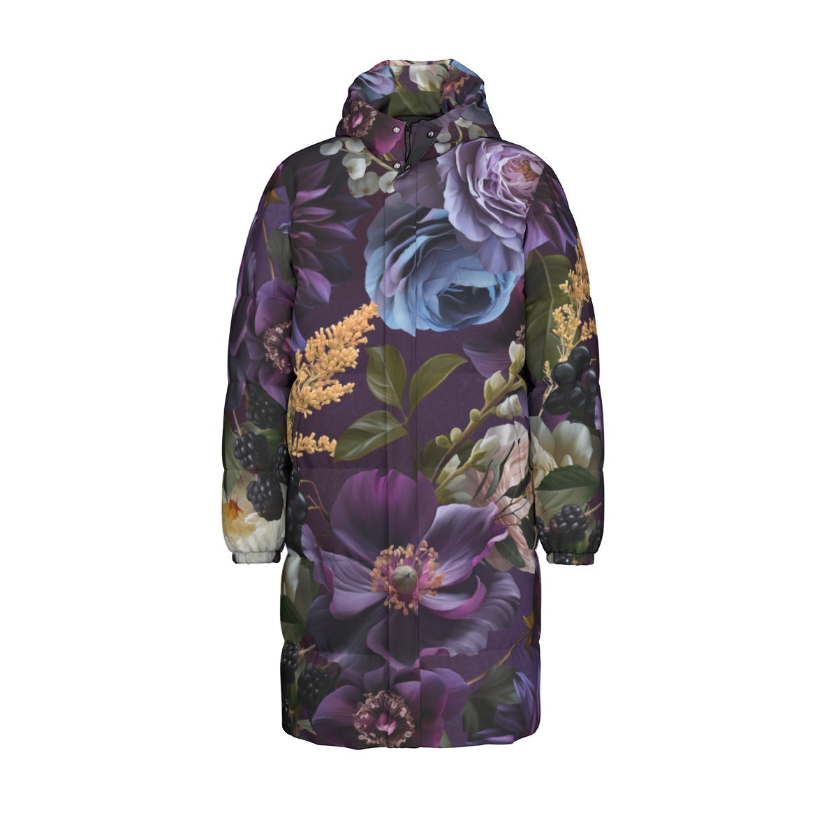 Bold, purple floral long puffer coat with hood