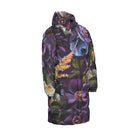 Bold, purple floral long puffer coat with hood