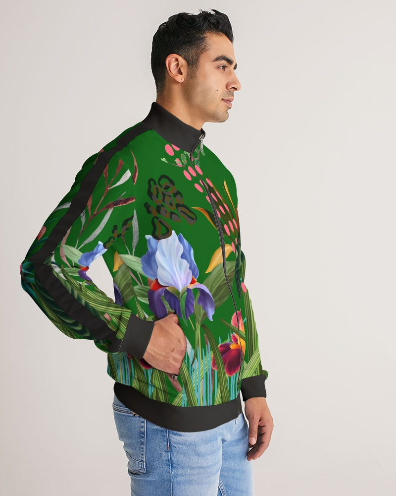 Green Floral Stripe-Sleeve Track Jacket