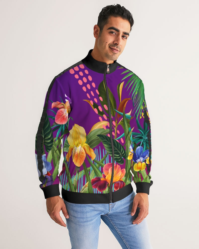 Purple Floral Stripe-Sleeve Track Jacket