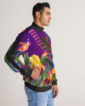 Purple Floral Stripe-Sleeve Track Jacket