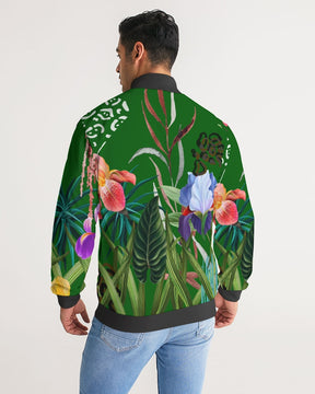 Green Floral Stripe-Sleeve Track Jacket